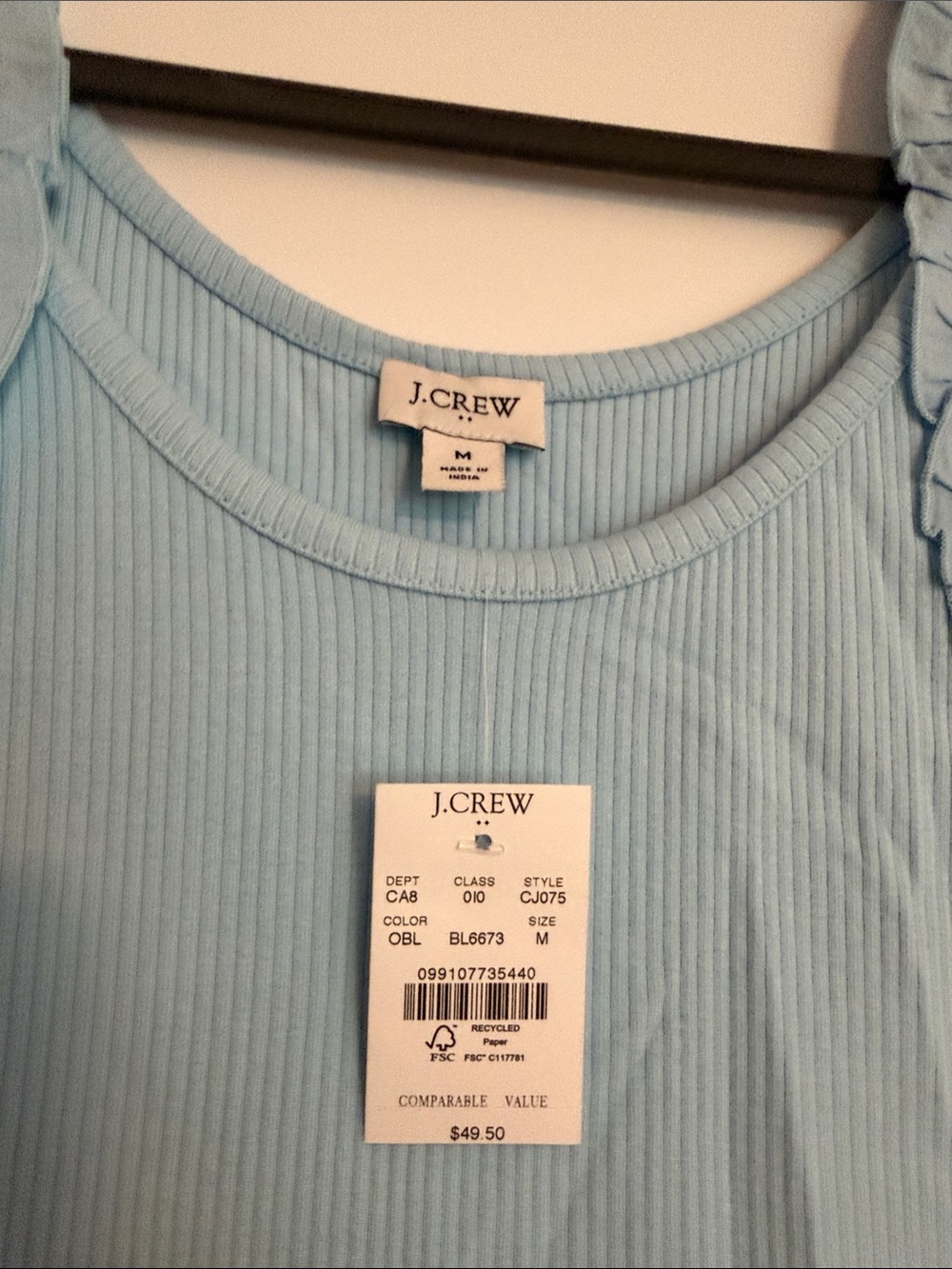 J. Crew Sky Blue Ribbed Tank with Ruffle Straps - Picture 2 of 3